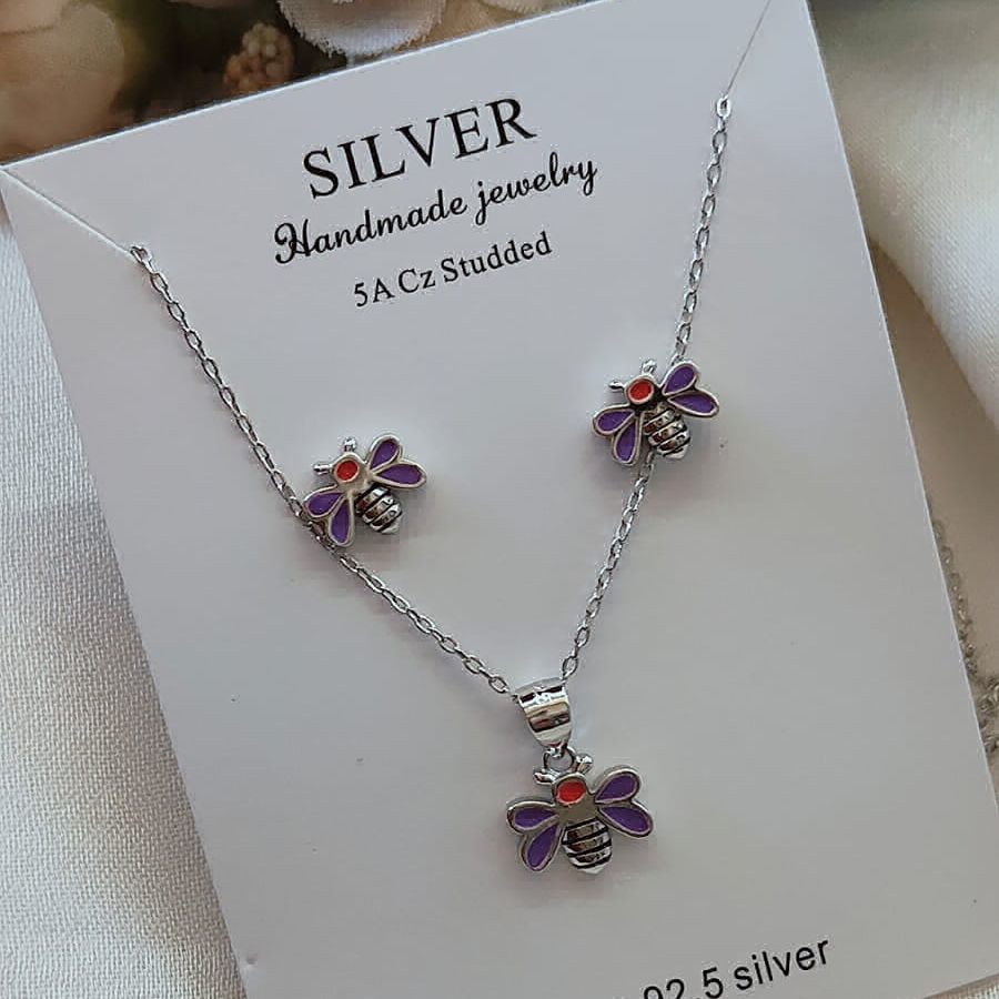 Purple Enamel Honey Bee Pendant Set
